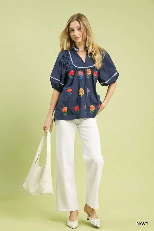 Umgee Embroidered Floral Puff Sleeve Top