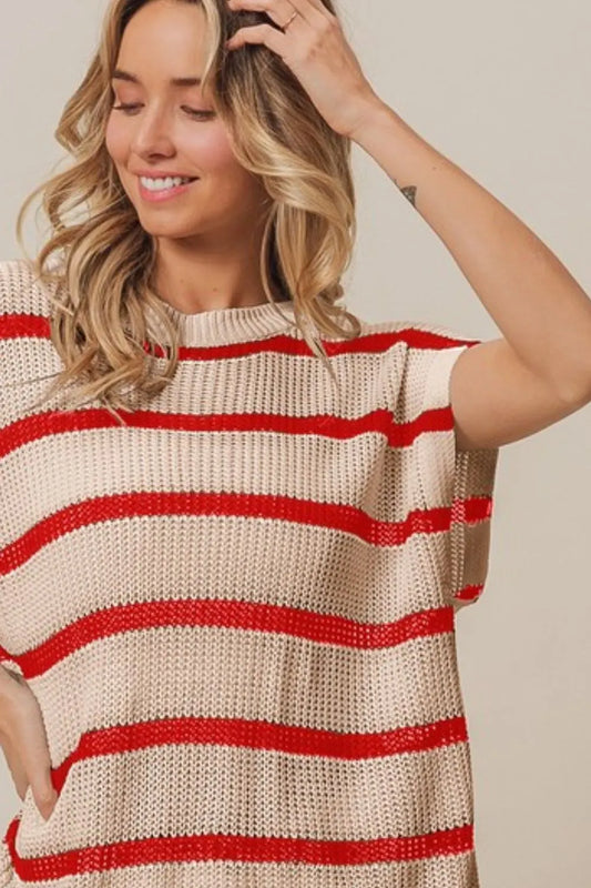 BiBi Fourth Of July Stripe Drop Shoulder Sweater - Sleekdenim.com