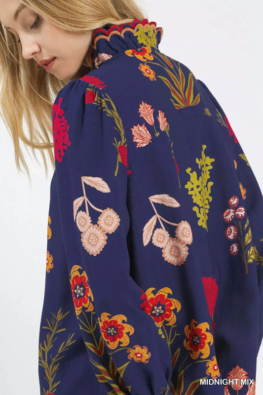 Umgee Flower Print Blouse with Scalloped Neckline - Sleekdenim.com