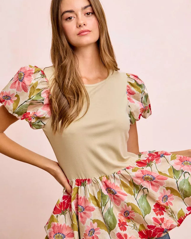 BiBi Floral Printed Bubble Sleeves and Hem Peplum Top - Sleekdenim.com