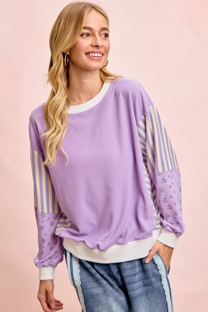 BiBi Mix and Match Sweatshirt with Floral Sleeve Stripes - Sleekdenim.com