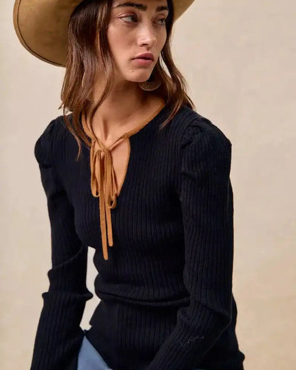 BiBi Ribbed Contrast Front Tied Top with Shrried - Sleekdenim.com