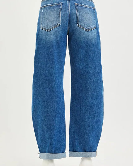 RISEN Full Size Mid Rise Barrel Double Roll Up Jeans Plus Size - Sleekdenim.com