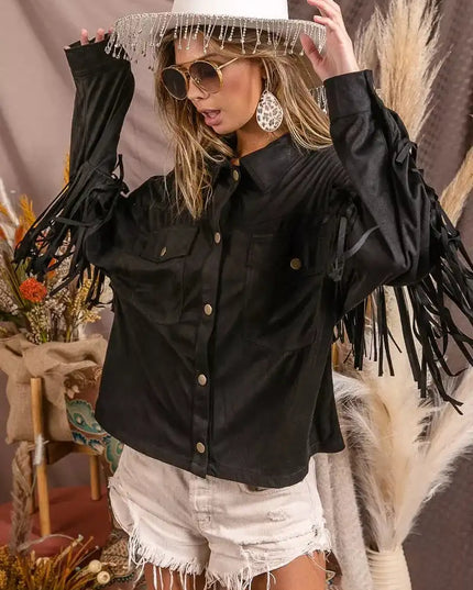 BiBi Suede Fringe Long Sleeve Jacket - Sleekdenim.com