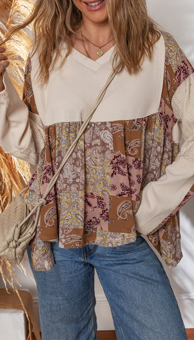 Beige Paisley Ethnic Print Waffle Patchwork Long Sleeve Loose Top - Sleekdenim.com