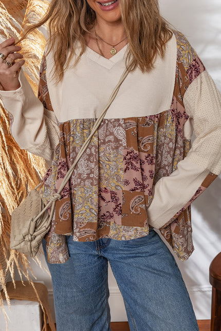 Beige Paisley Ethnic Print Waffle Patchwork Long Sleeve Loose Top - Sleekdenim.com
