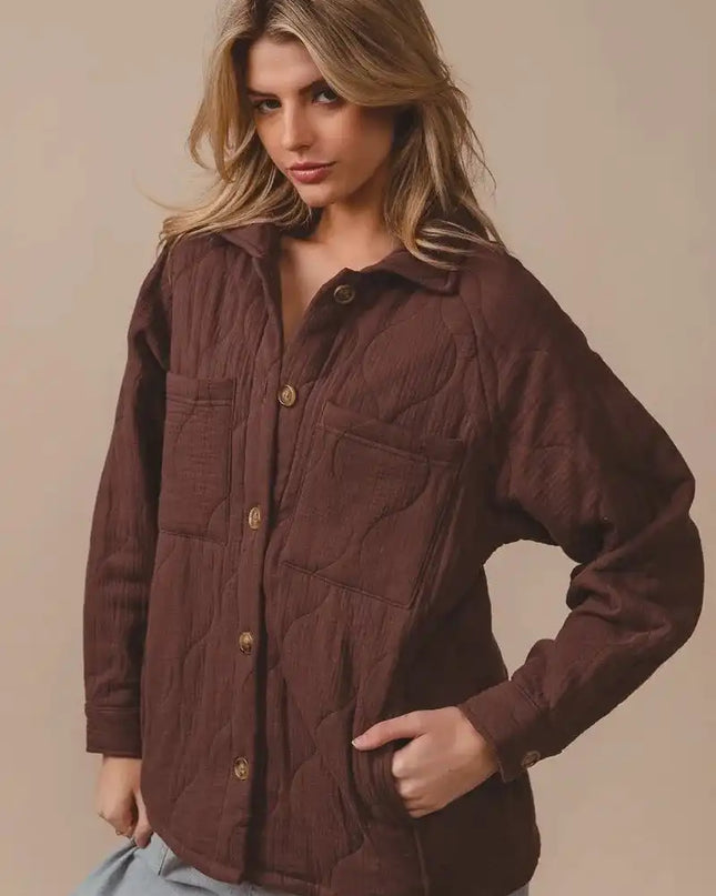 BiBi Quilted Wrinkle Gauze Long Sleeve Shacket - Sleekdenim.com