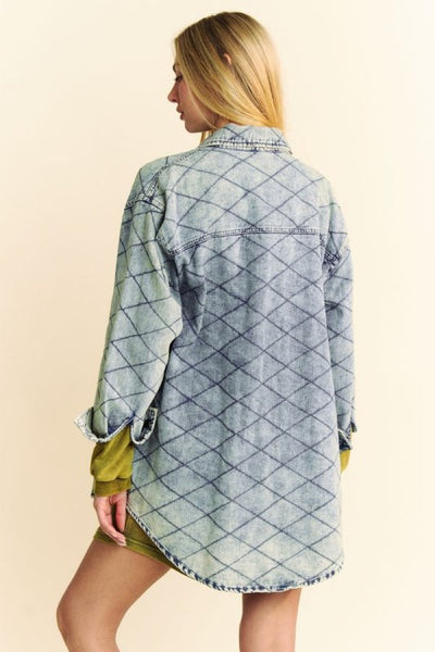 Davi & Dani Curved Hem Diamond Quilted Button Up Denim Shacket - Sleekdenim.com