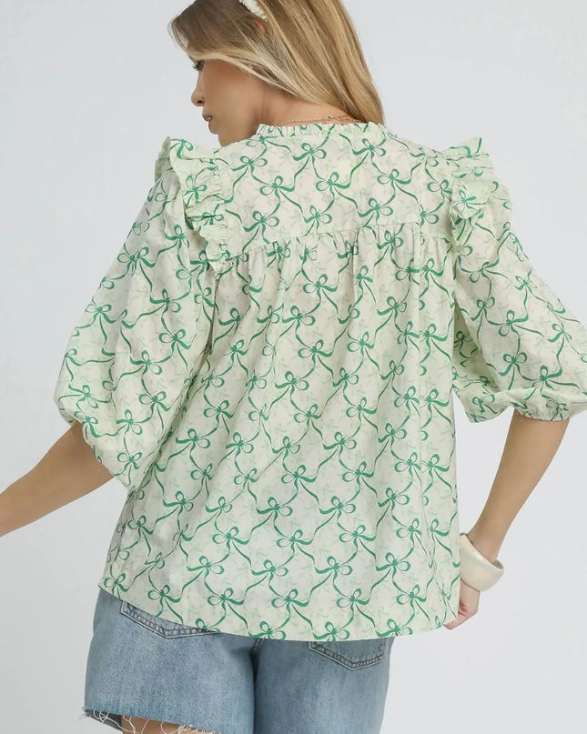 Umgee Ruffled Bow Print Notched Blouse - Sleekdenim.com