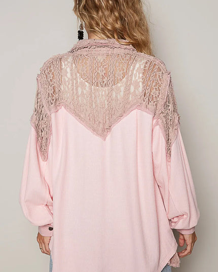 POL Lace Patchwork Button Up Shacket - Sleekdenim.com