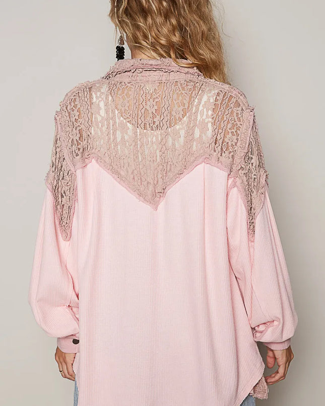 POL Lace Patchwork Button Up Shacket - Sleekdenim.com