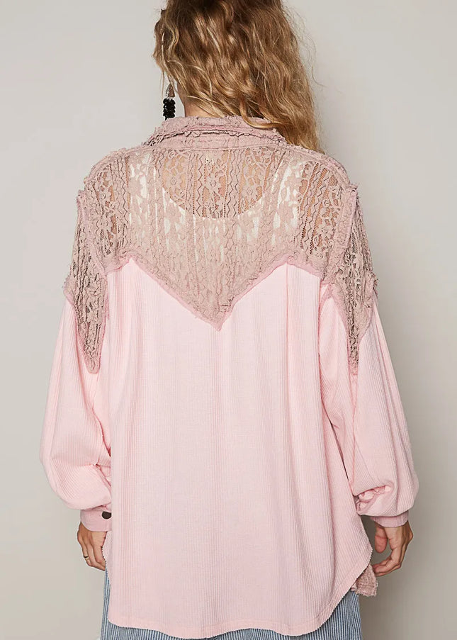 POL Lace Patchwork Button Up Shacket - Sleekdenim.com