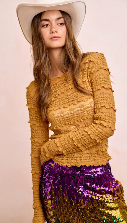 BiBi Ruffles Detail Mardi Gras Color Flower Lace Top - 2