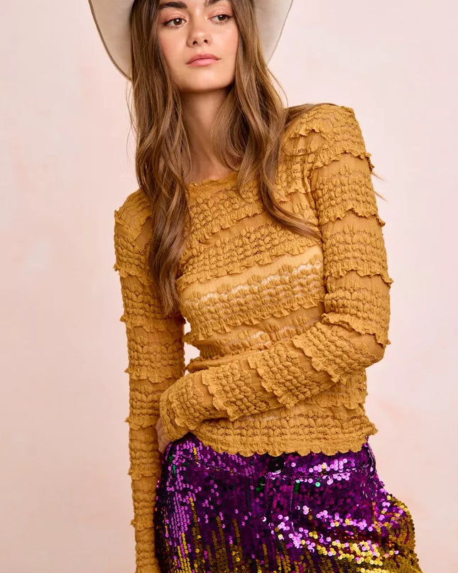 BiBi Ruffles Detail Mardi Gras Color Flower Lace Top - Sleekdenim.com