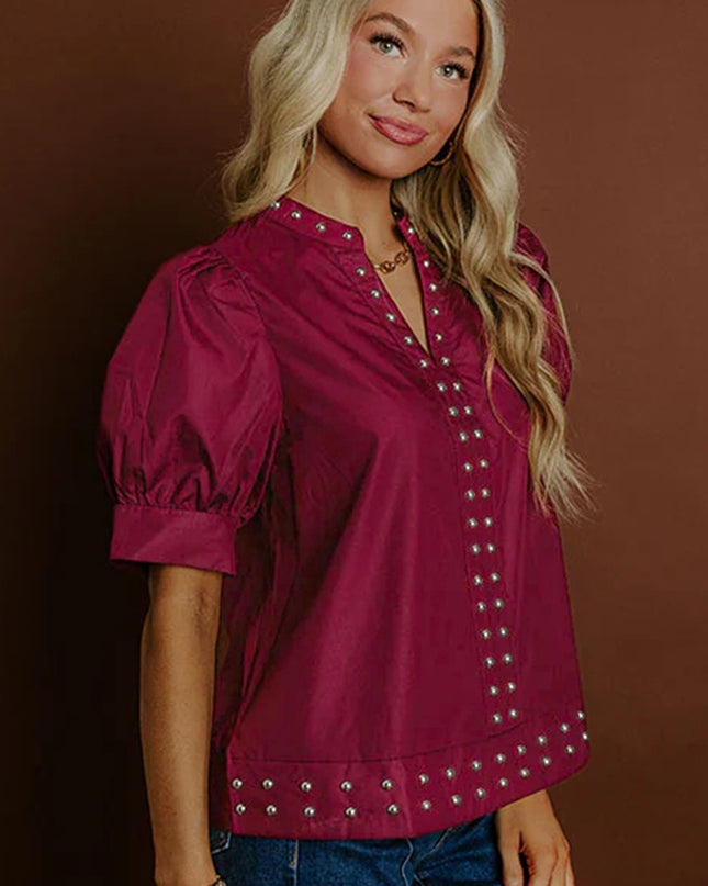 Burgundy Rivet Embellished V Neck Short Puff Sleeve Blouse - Sleekdenim.com