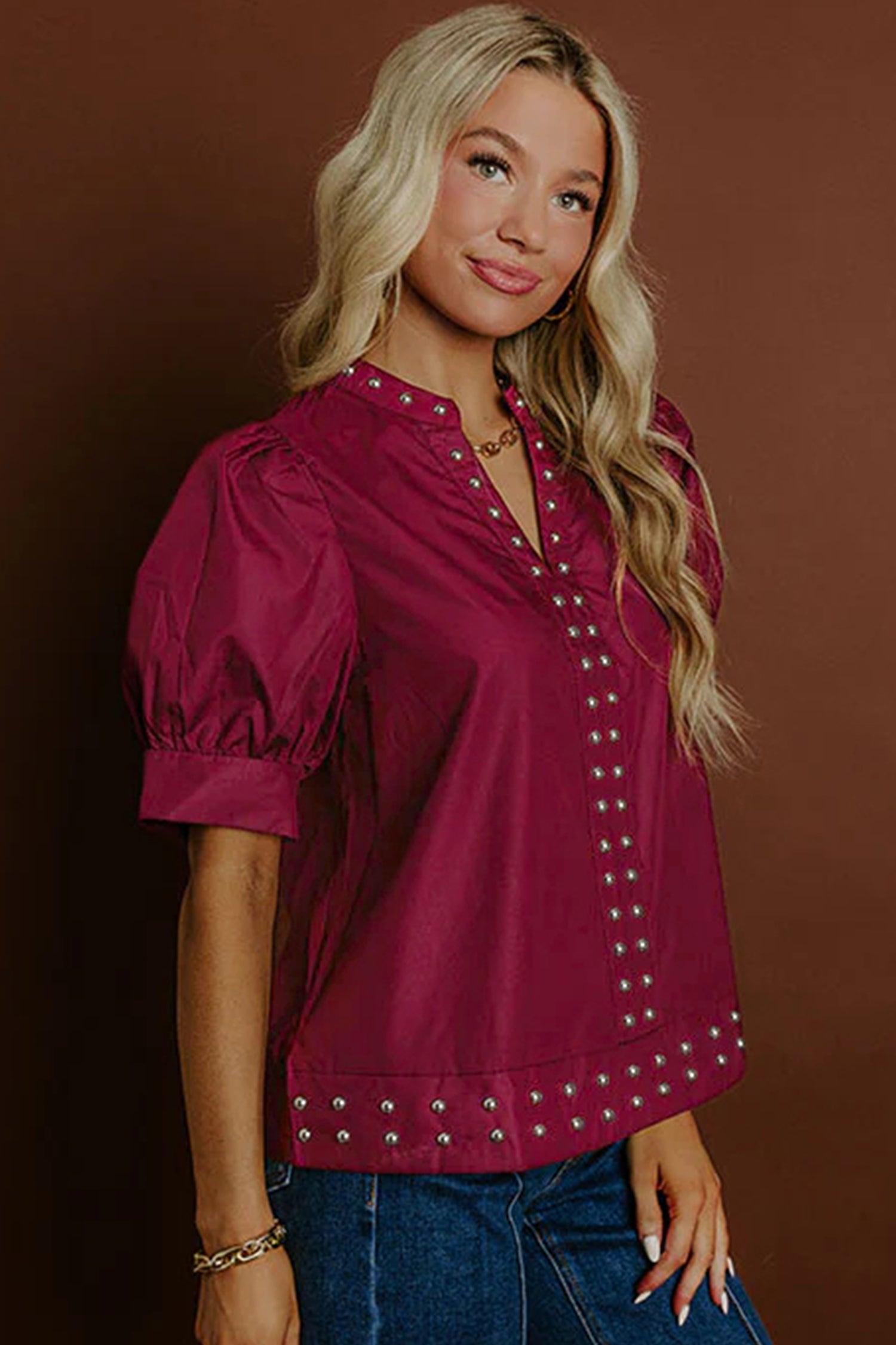 Burgundy Rivet Embellished V Neck Short Puff Sleeve Blouse - Sleekdenim.com