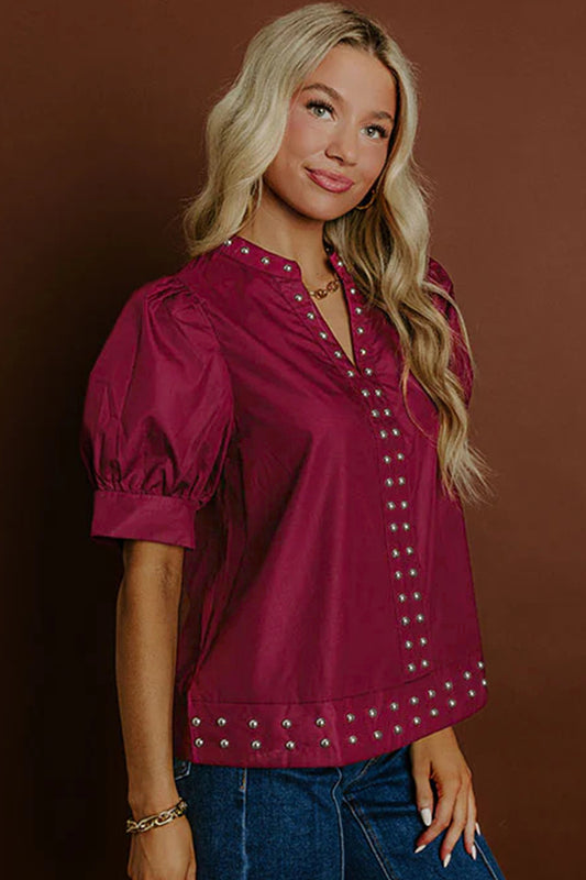 Burgundy Rivet Embellished V Neck Short Puff Sleeve Blouse - Sleekdenim.com