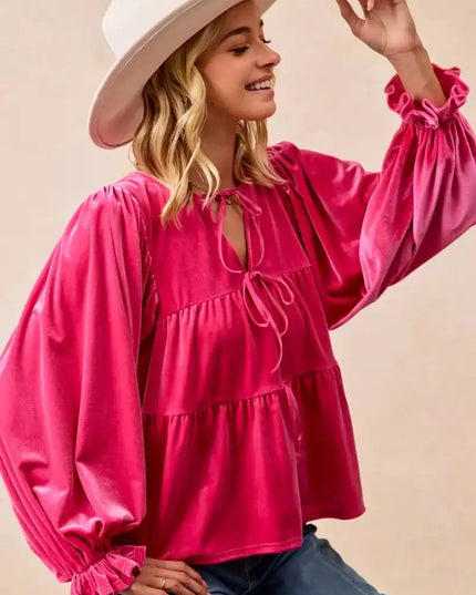 BiBi Christmas Theme Velvet Bow Tied Blouse - Sleekdenim.com