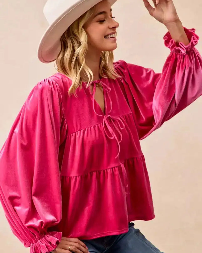 BiBi Christmas Theme Velvet Bow Tied Blouse - Sleekdenim.com