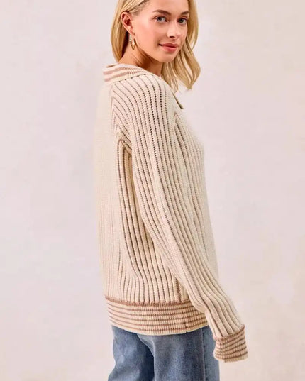 BiBi Half Button Ribbed Two Tone Sweater - Sleekdenim.com