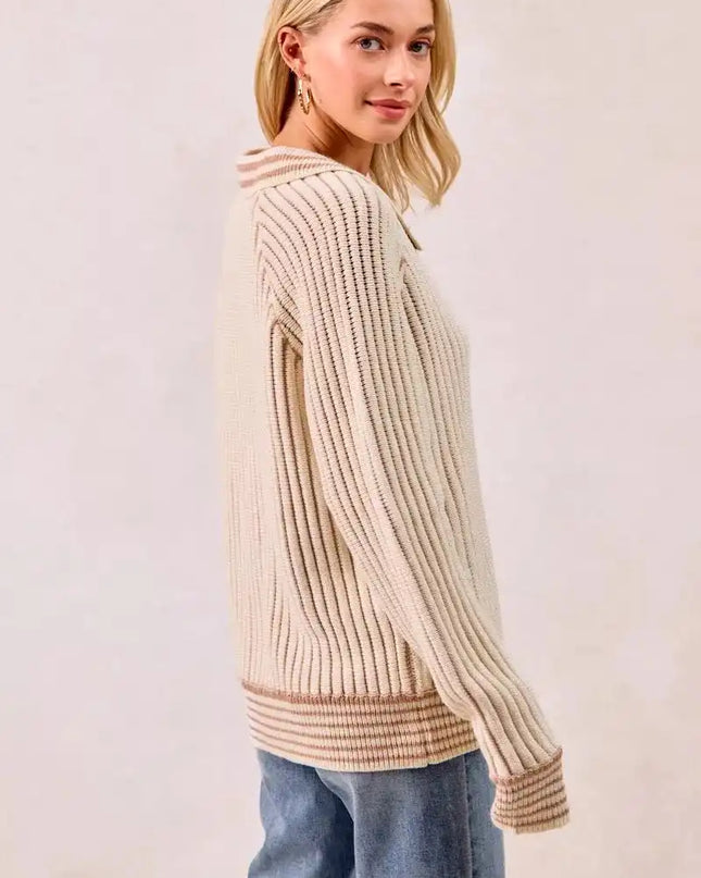 BiBi Half Button Ribbed Two Tone Sweater - Sleekdenim.com