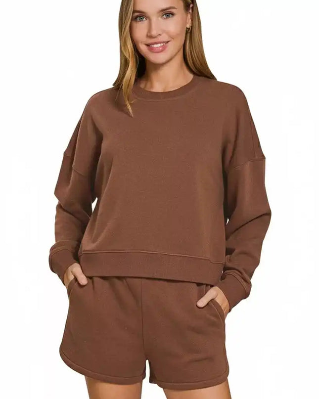 Zenana Fleece Long Sleeve Sweatshirts and Shorts Set - Sleekdenim.com