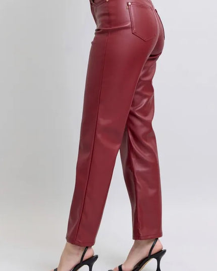 Judy Blue Full Size High Waist Tummy Control Faux Leather Straight Pants Plus Size - Sleekdenim.com