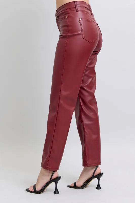 Judy Blue Full Size High Waist Tummy Control Faux Leather Straight Pants Plus Size - Sleekdenim.com