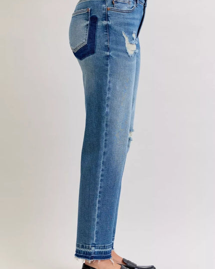 Judy Blue Full Size Mid Rise Bf Patch & Repair Destroy Release Hem Jeans Plus Size - Sleekdenim.com