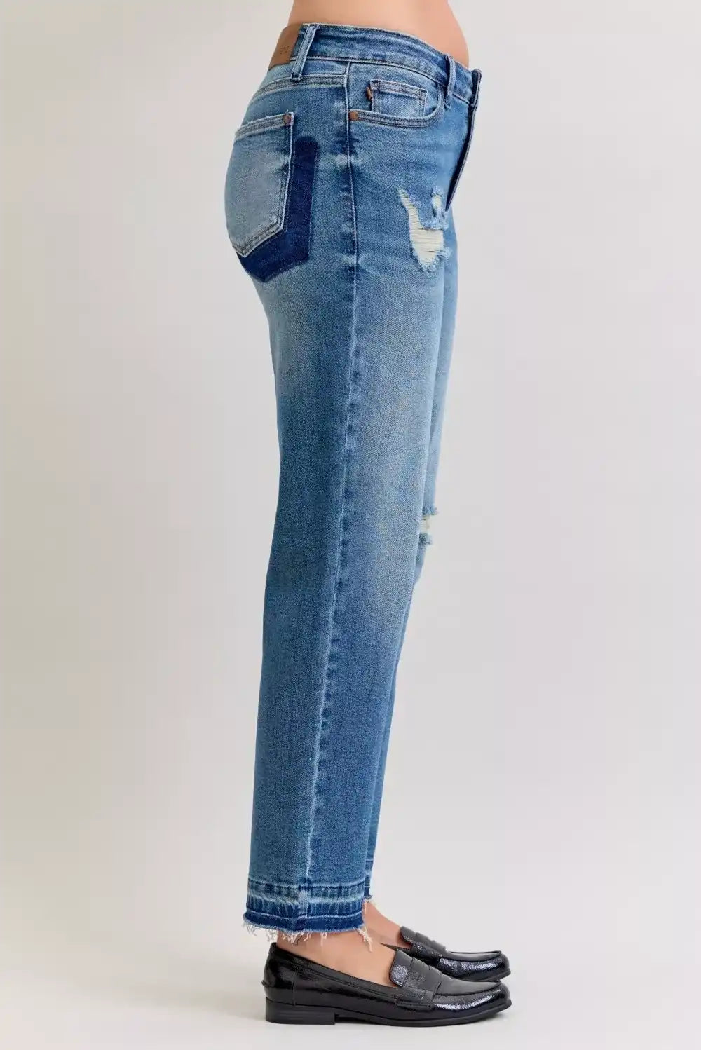 Judy Blue Mid Rise Boyfriend Patch & Repair Destroy Release Hem Jeans 881045 - Sleekdenim.com