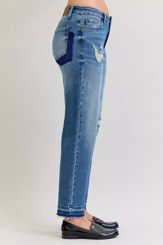 Judy Blue Full Size Mid Rise Bf Patch & Repair Destroy Release Hem Jeans Plus Size - Sleekdenim.com