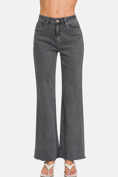 Zenana Acid Washed Frayed Hem Bootcut Jeans | Sleekdenim.com