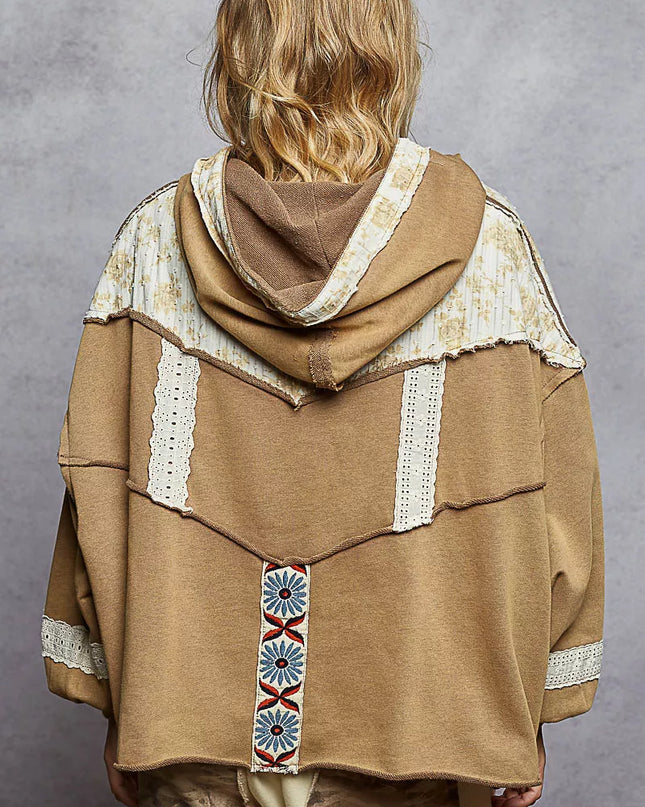 POL Drawstring French Terry Hoodie with Gauze Print Patch - Sleekdenim.com