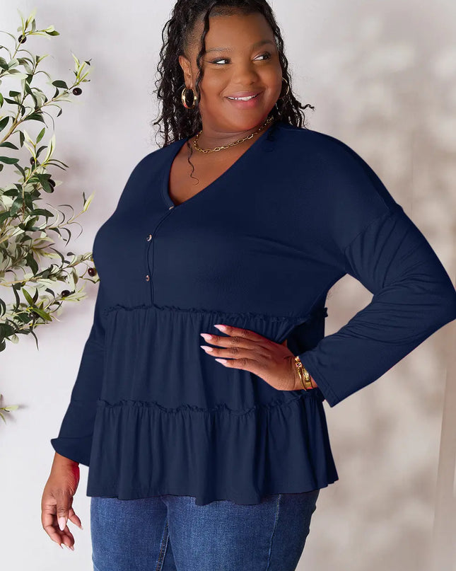 Double Take Half Button Long Sleeve Ruffle Hem Blouse - Sleekdenim.com