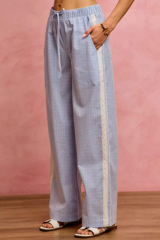SO ME Wide Check Pants With Side Lace Trim And Piping - 3
