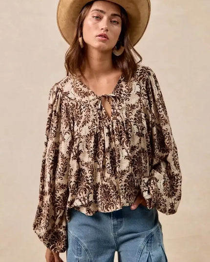 BiBi Printed Woven Front Tied Blouse with Baloon Sleeve - Sleekdenim.com