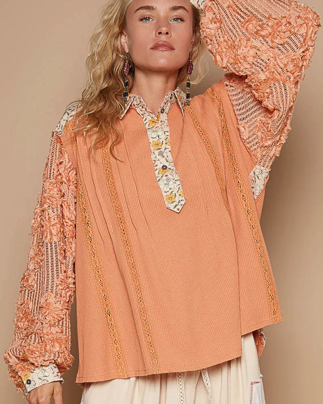 POL Floral Half Button Lace Detail Long Sleeve Top - Sleekdenim.com