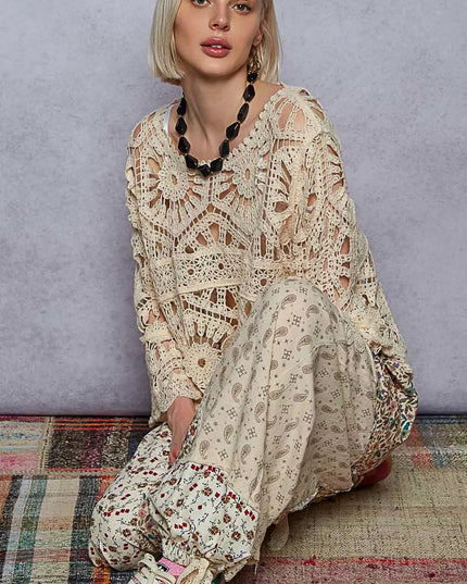 POL Round Neck Weave Knit Pattern Cropped Cover Up - Sleekdenim.com