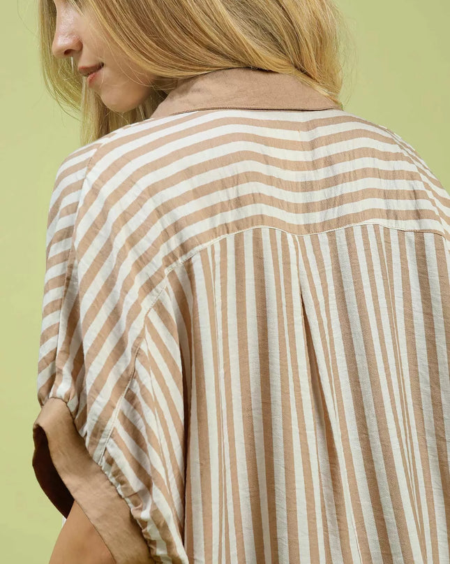 Umgee Stripe Collared Oversized Top - Sleekdenim.com