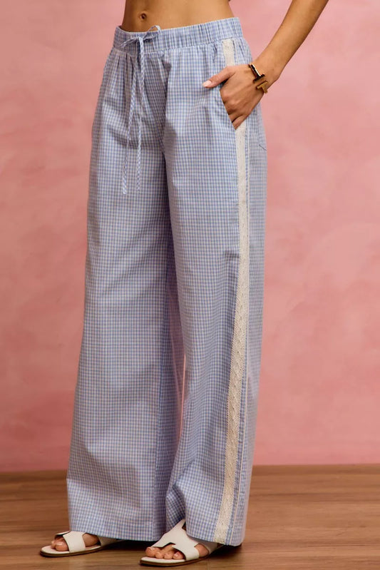 SO ME Wide Check Pants With Side Lace Trim And Piping - 2