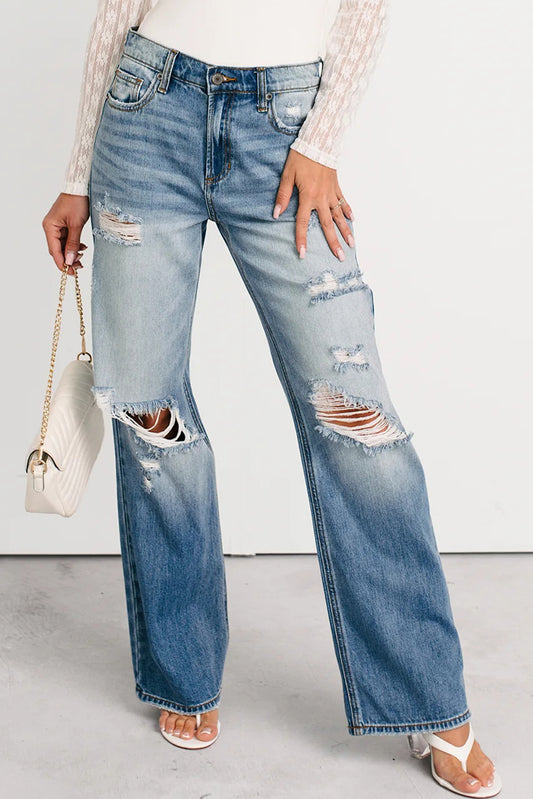 Myosotis Mid Rise Distressed Straight Leg Jeans - Sleekdenim.com