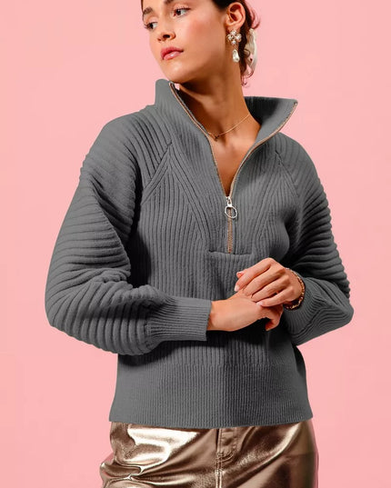 SO ME Half Zip Raglan Balloon Sleeves Ribbed Sweater - Sleekdenim.com