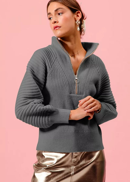 SO ME Half Zip Raglan Balloon Sleeves Ribbed Sweater - Sleekdenim.com