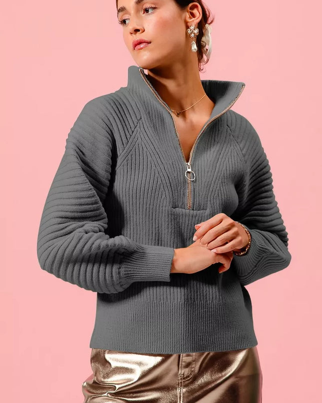 SO ME Half Zip Raglan Balloon Sleeves Ribbed Sweater - Sleekdenim.com