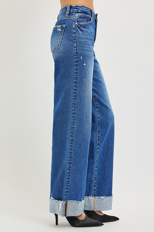 RISEN High Rise Wide Leg Jeans With Cuffed Hem - Sleekdenim.com