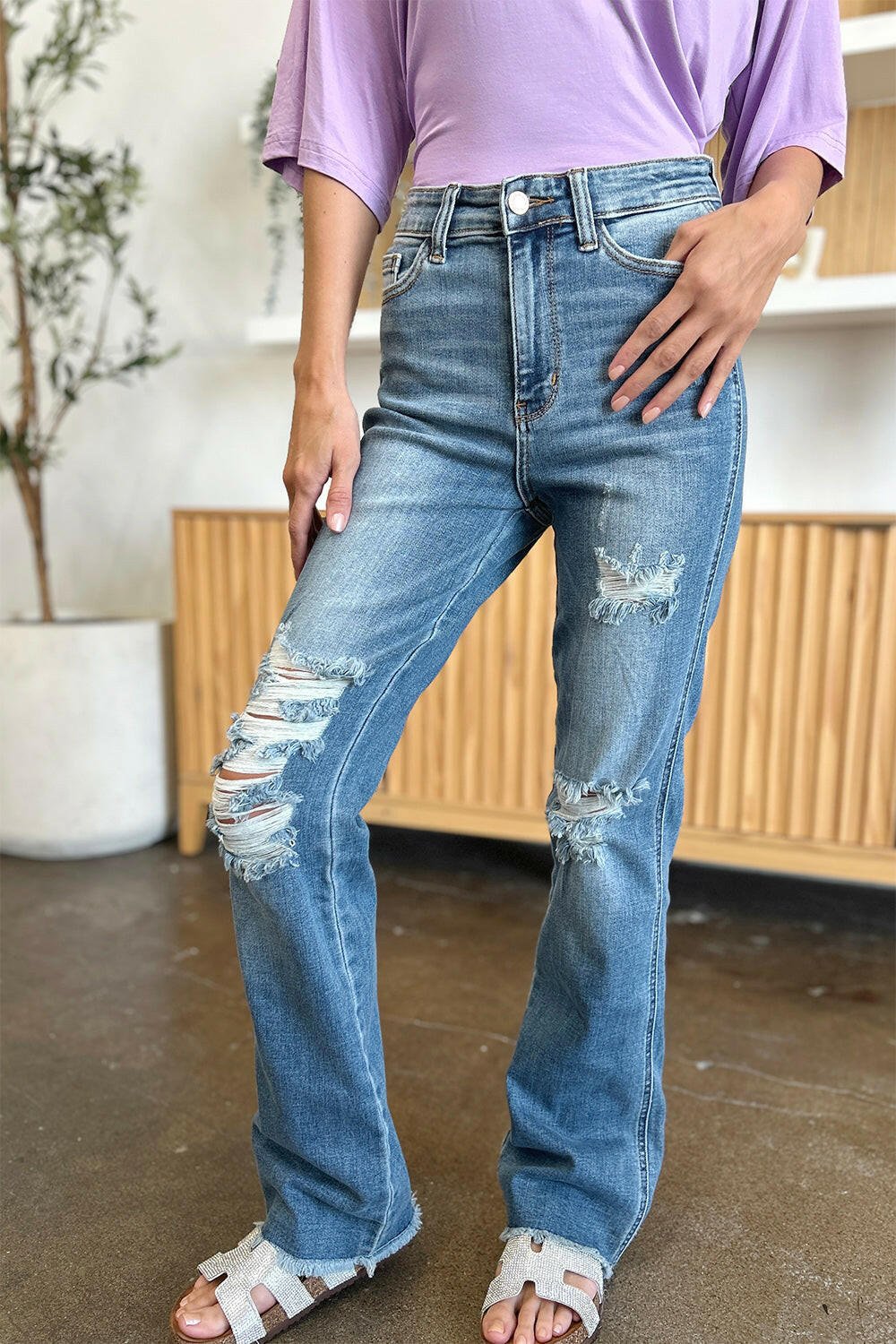 Judy Blue Full Size Distressed Raw Hem Bootcut Jeans | Sleekdenim.com