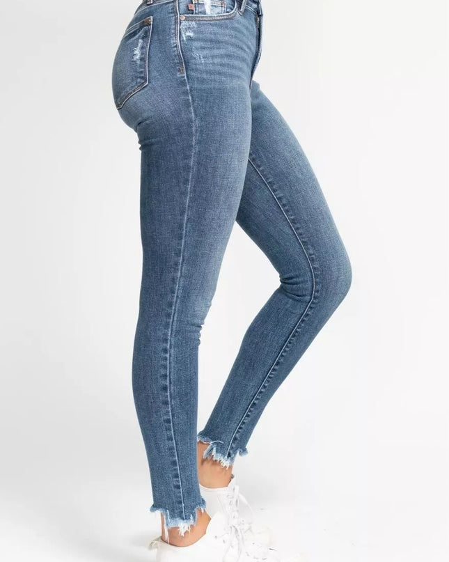 Judy Blue High Waist Skinny Jeans with Destroy & Shark Bit Hem - Sleekdenim.com