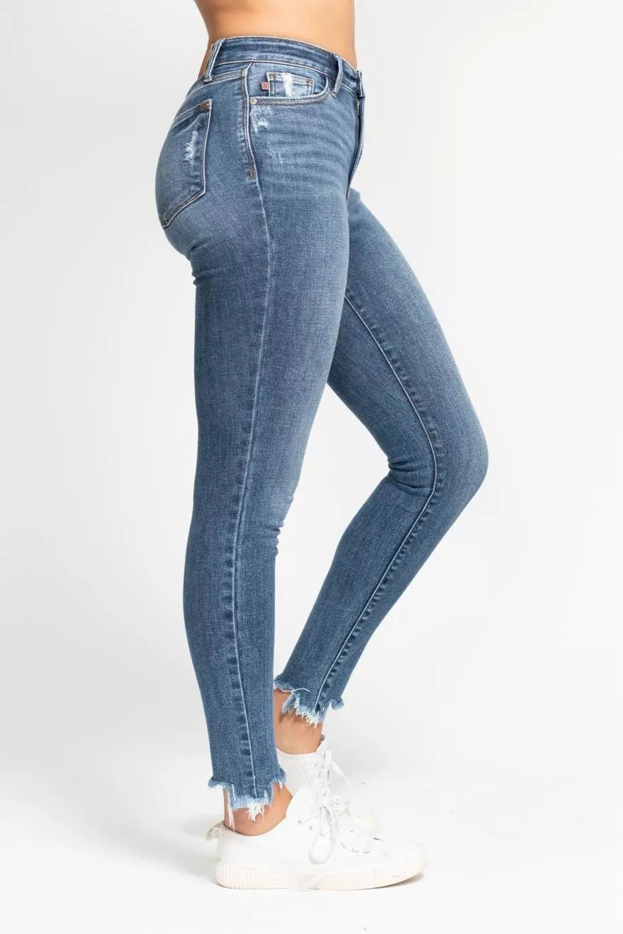 Judy Blue High Waist Skinny Jeans with Destroy & Shark Bit Hem - Sleekdenim.com