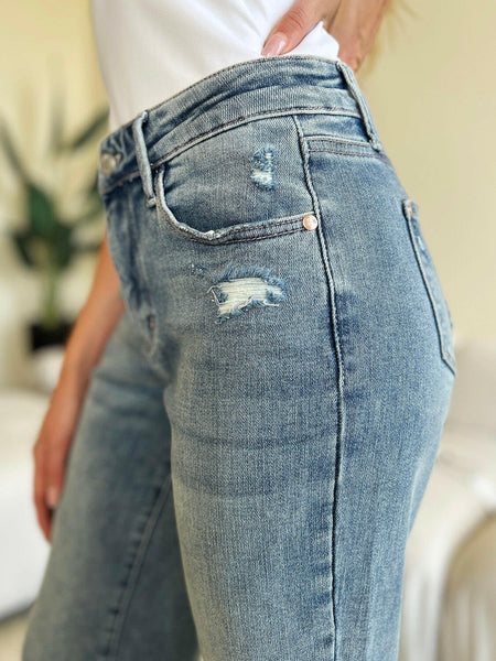 Judy Blue Full Size Mid Rise Distressed Straight Jeans | Sleekdenim.com