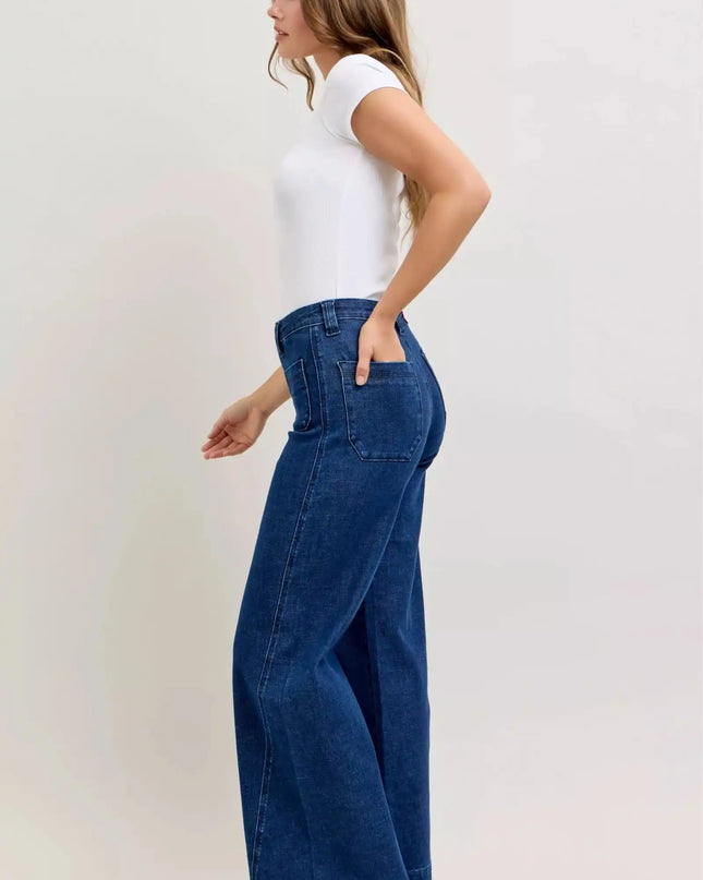 Judy Blue High-Waisted Retro Wide Jeans with Patch Pkts & Twisted Seams - Sleekdenim.com